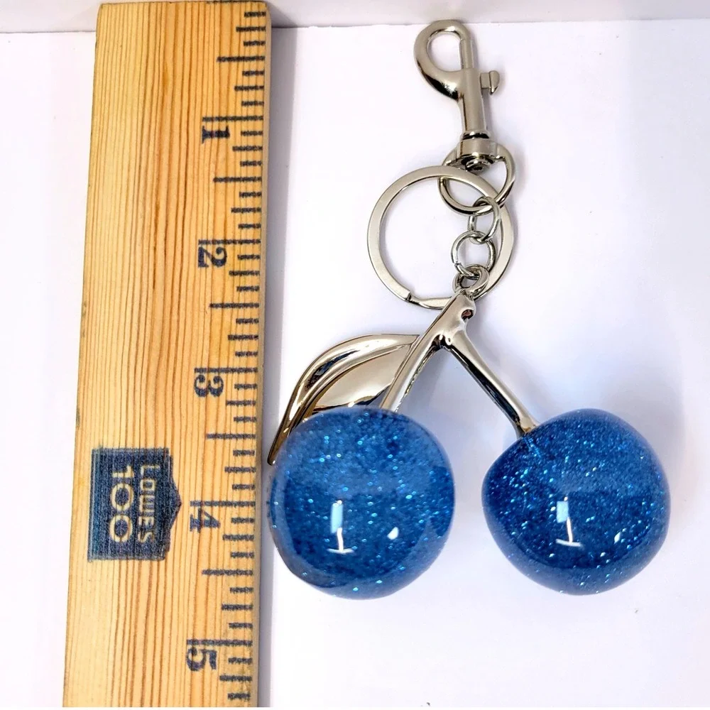 Bag Charm Keychain Glitter Resin Double Cherry Blue Women Retro Whimsical